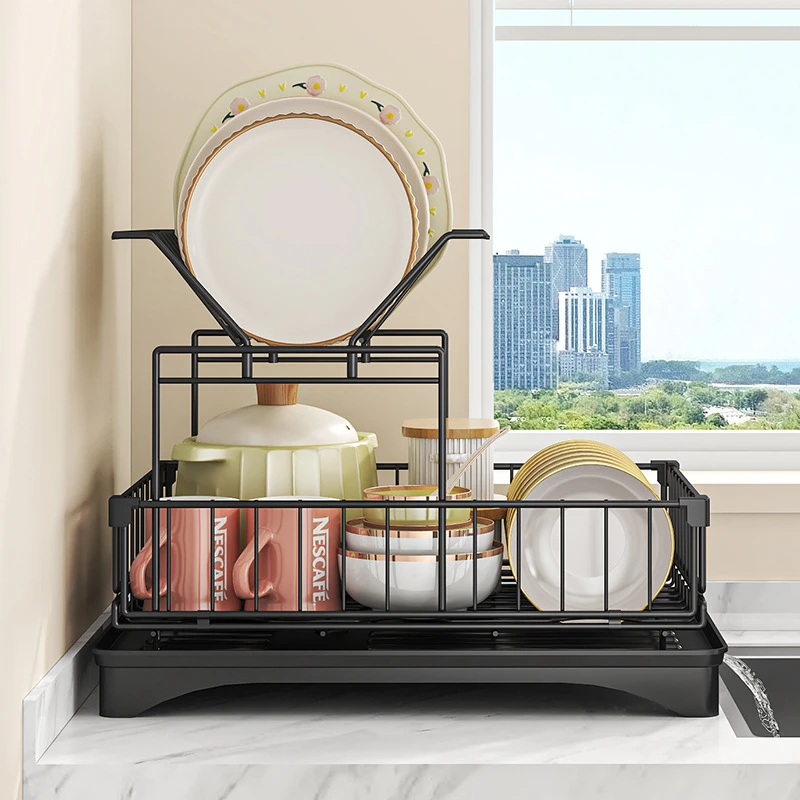 Double Layer Sink Drying Rack Dish Organizer Plate Bowl Storage for Kitchen Countertop Dishware Cutlery Space Saving
