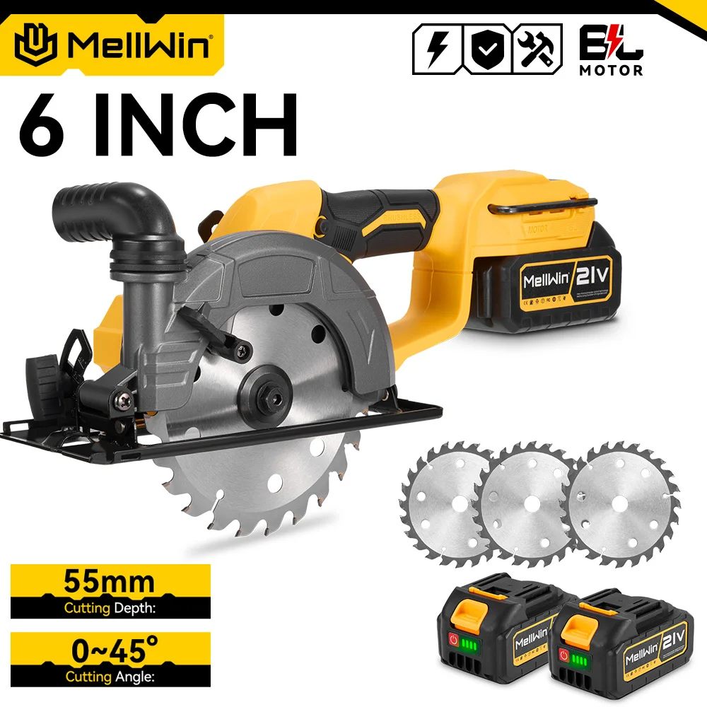 MELLWIN Bürstenlose 150 mm 6 Zoll elektrische Kreissäge, verstellbarer Winkel, kabelloses Holzbearbeitungs-Schneidwerkzeug für Makita 18 V Akku-Pin