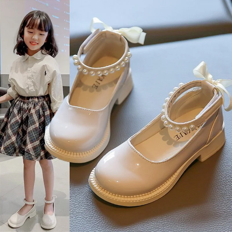 Pearl Princess Girl Party Shoes for Kids Mary Jane Shoes bambini vestono scarpe da scuola nere a causa delle scarpe in pelle con fiocco delle principesse