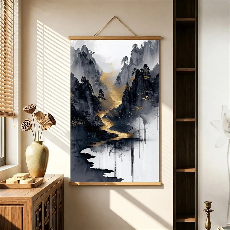 Wall Decor Golden Mountains and Waterfall, Chinese Landscape Pearlescent Canvas Hanging Scroll Decor for Furniture Showroom
