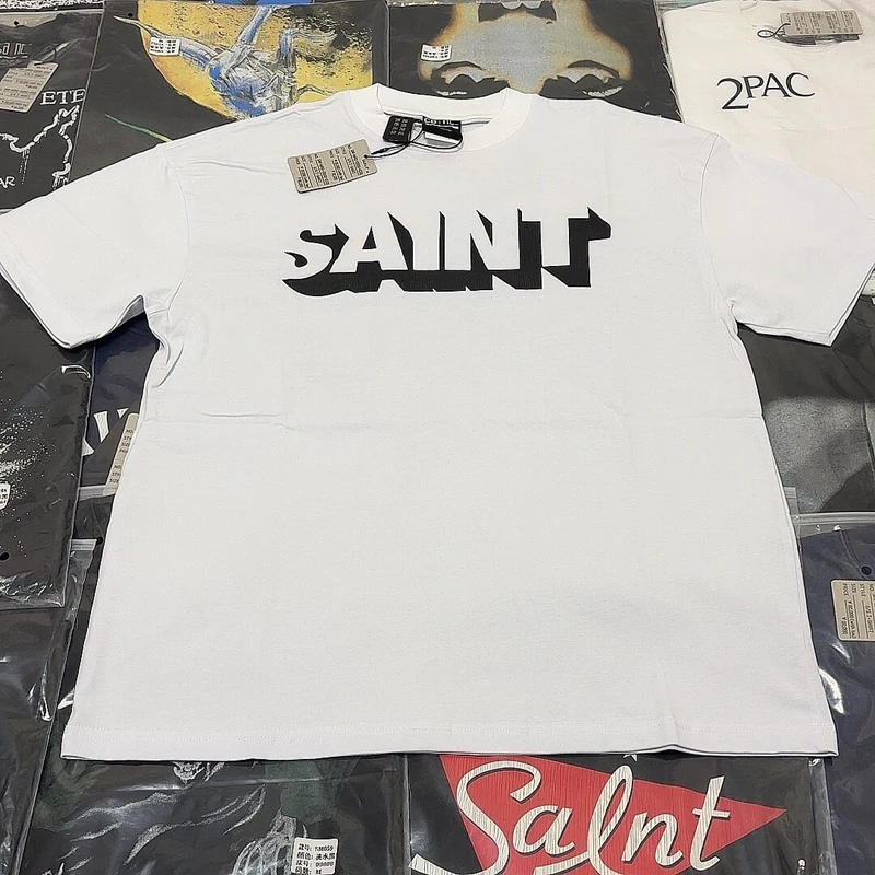 Real Photo 3D Shadow Letter Logo Print Saint Tshirts Washed White Round Neck Short Sleeves Summer Streetwear Men Women Top Tees