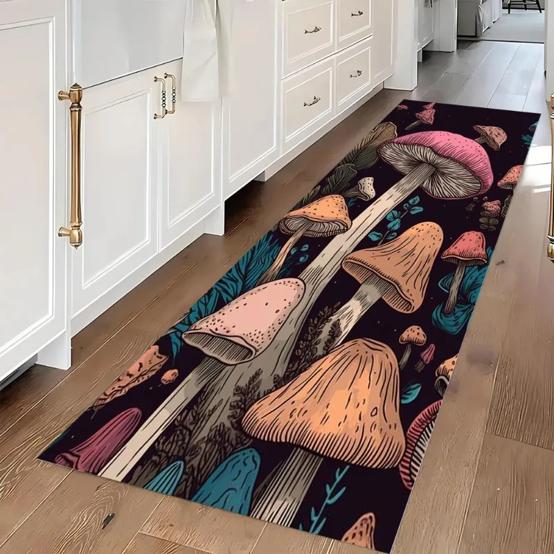 Vintage Pilzmuster Läufer-Teppich Verzauberter Wald Küchenteppich Weiche Rutschfeste Matte Boho Wohndekor für Eingangsbereich Wohnzimmer