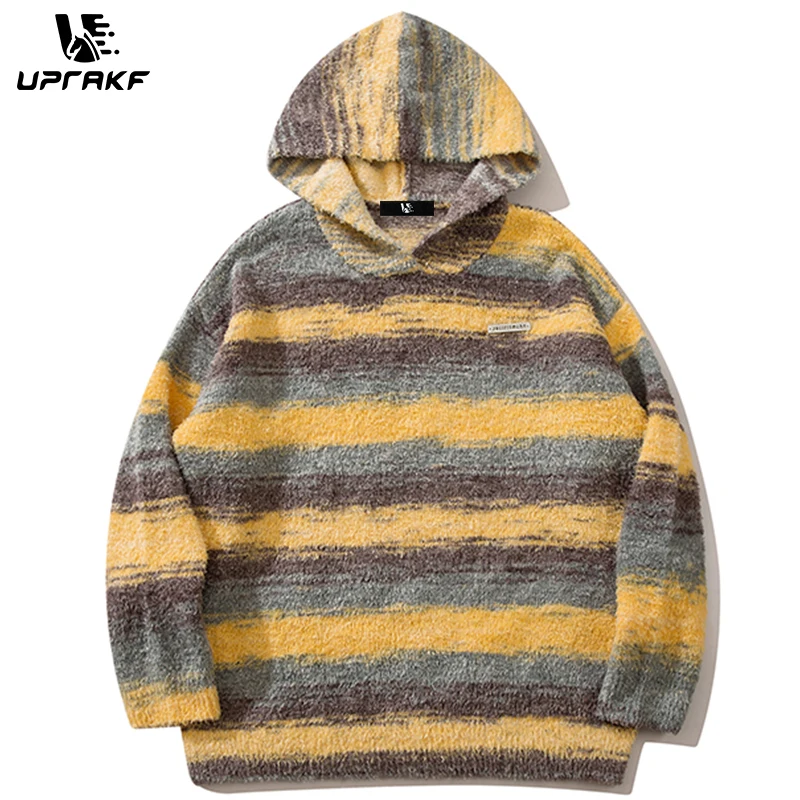 

UPRAKF Striped Gradient Sweater Loose O Neck Winter Long Sleeves Warm Autumn Harajuku Casual Trendy Fashion