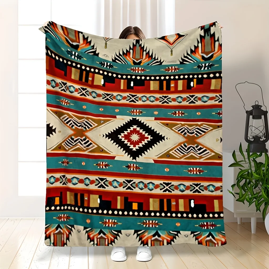 2D Flat Print, 1pc Vintage Exotic Geometric Style Throw Blanket/blanket, Featuring a Colorful Diamond Stripe Geometric Totem Pri