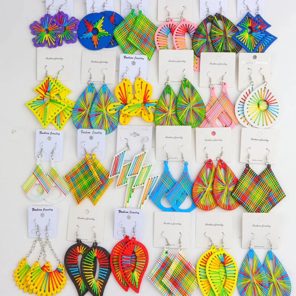 20Pairs/Lot Tie Dye Colorful Abstract Women\'s Wooden Earrings Bohemian Retro Hollow Hanging Earrings Daily Holiday Jewelry