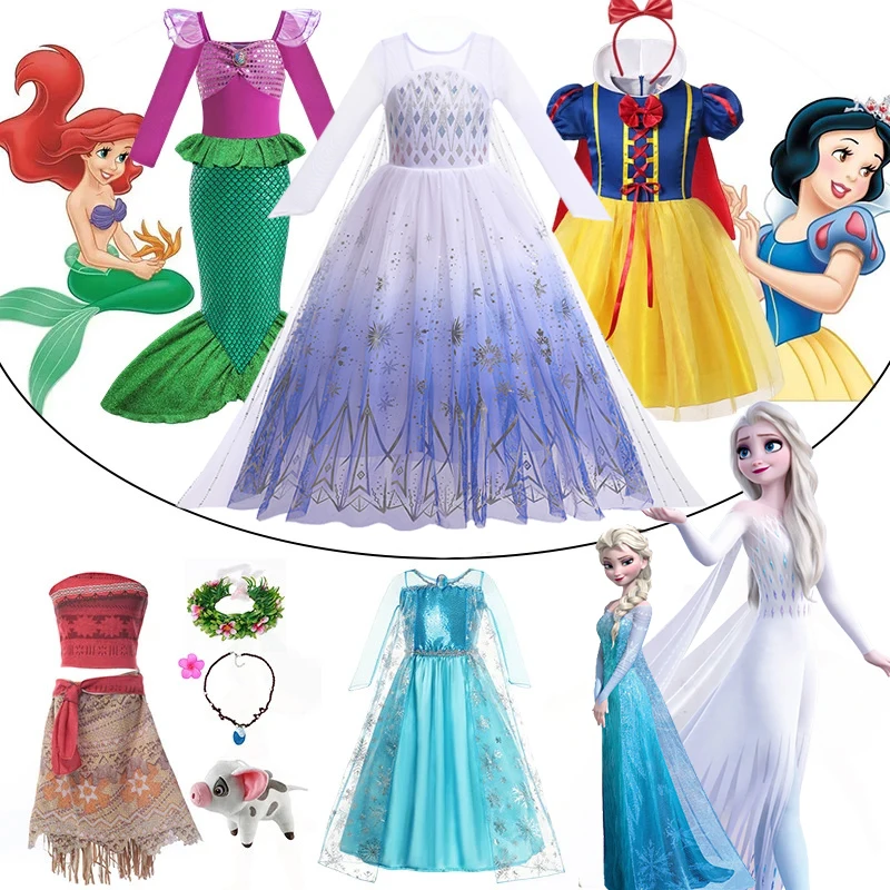 2024 Disney Princess Snow White Elsa Costume for Girls Christmas Carnival Frozen Elsa Cosplay Mermaid Party Clothes Purim Dress