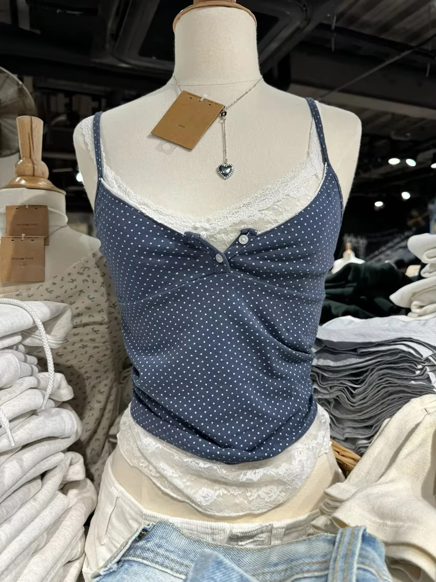 

New Polka Dots Print Tank Top Women Two Buttons Lace Trim V Neck Sleeveless Slim Vest Summer Preppy Style Vintage Navy Camis
