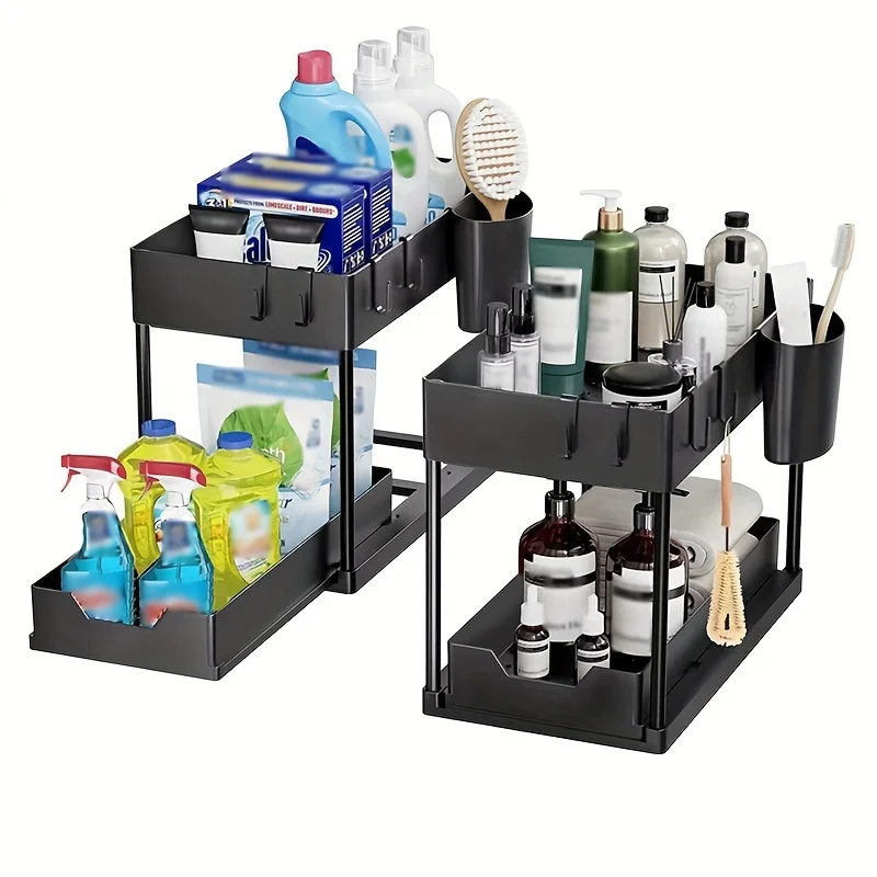 Sturdy and Space-saving 2-Tier Under Sink Organizer with Hook - Includes Tray for Kitchen and Bathroom - Easy Install, Maximize