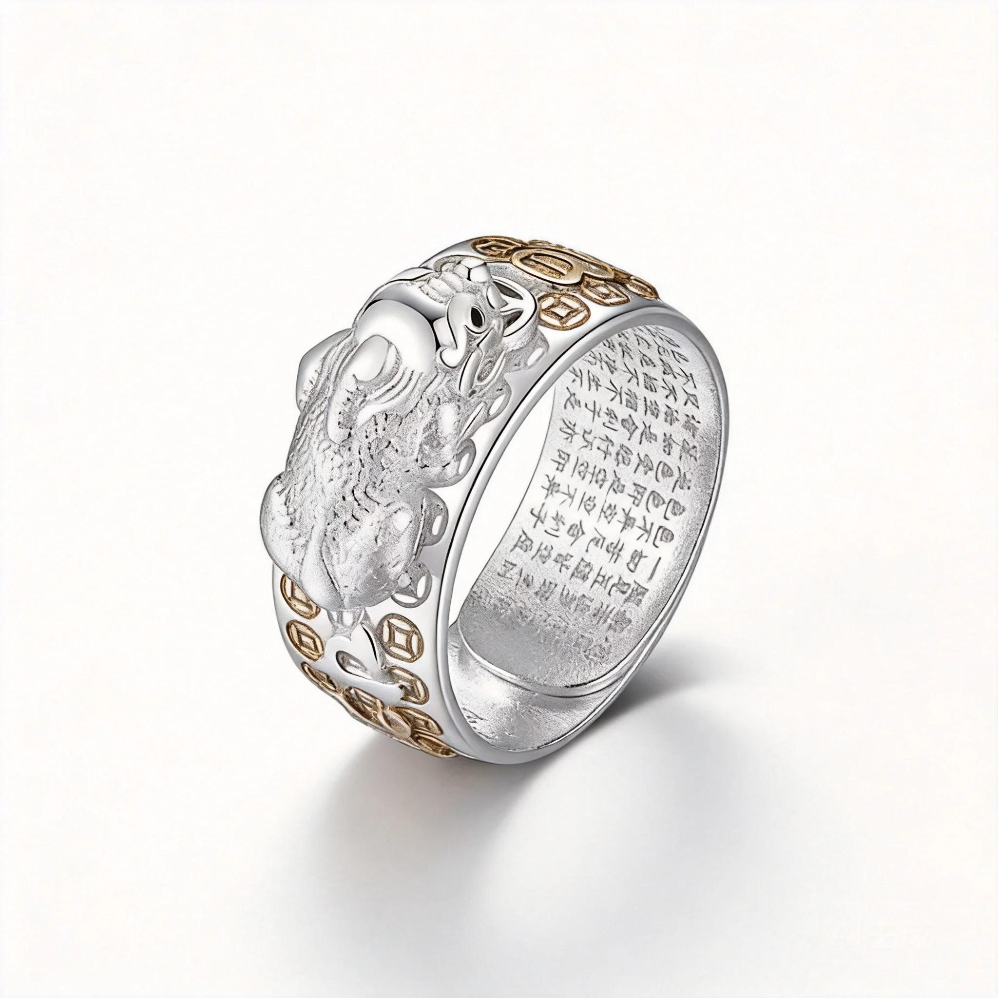 Silver Chinese Feng Shui Pixiu Ring Wealth Attracting Good Luck Adjustable Heart Sutra Engraved Oriental Lucky Jew