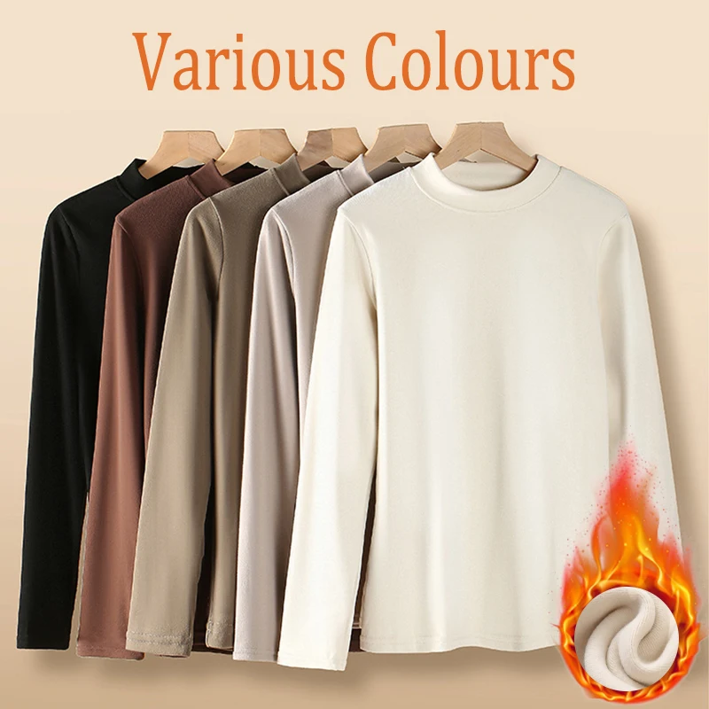1Pc Women Autumn Winter Mid Collar Lined with Fleece Tops Solid Color Keep Warm Base Layer Tops Female Thickened Thermal Clothes