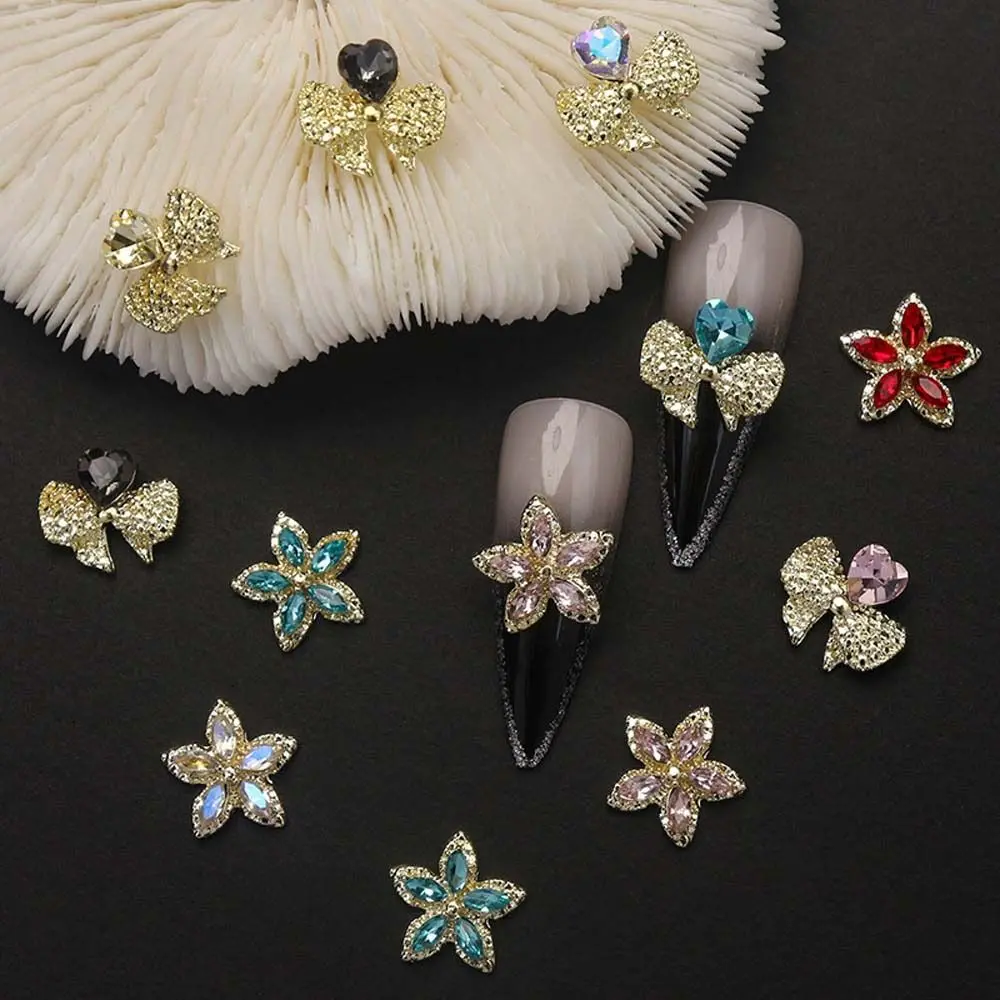 5Pcs/set DIY Nail Charms Bow Nail Decorations Manicure Ornaments Five-petaled Flowers Flower Nail Rhinestones Loving Heart