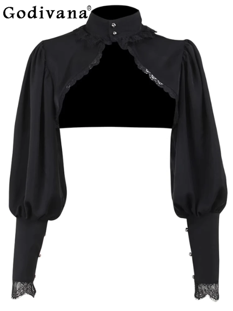 

Halloween Fashion Versatile Retro Temperament Lantern Long Sleeve Blouse Street Girls Elegant Lace Age-reducing Slim Short Top