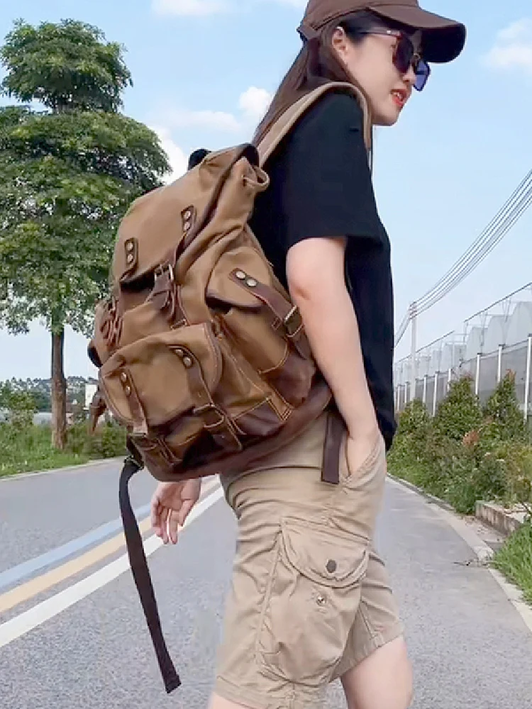 Retro Canvas Motorcycle Riding Backpack Outdoor Camping Hiking Salt And Pepper Bag Unisex Large Capacity Shoulder Bag