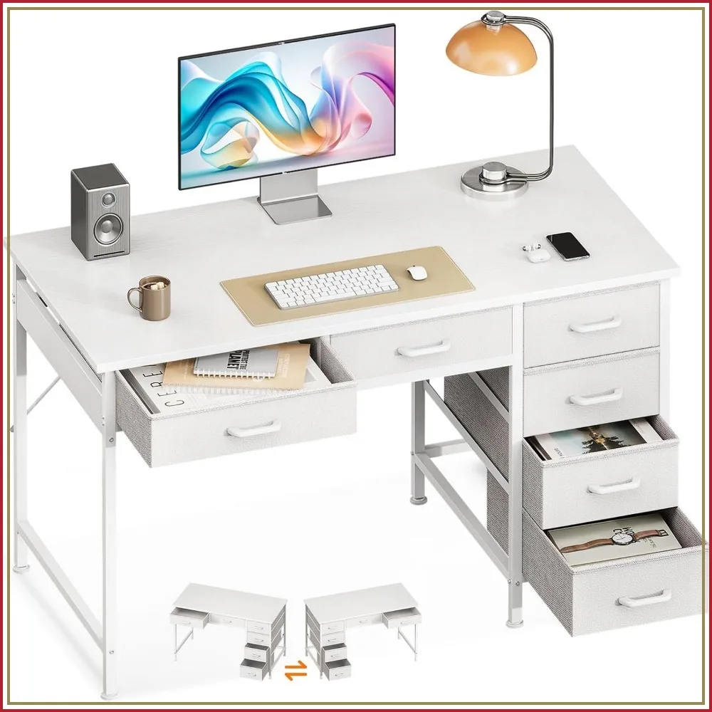 Small Computer Desk with 6 Drawers, Reversible Storage Desk for Home Office, White