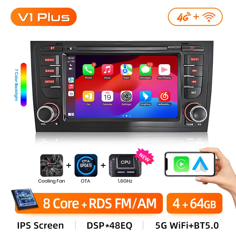 Junsun Wireless CarPlay voor Apple Android Auto autoradio voor Audi A6 C5 1997-2004 S6 RS6 4G auto multimedia GPS 2din autoradio