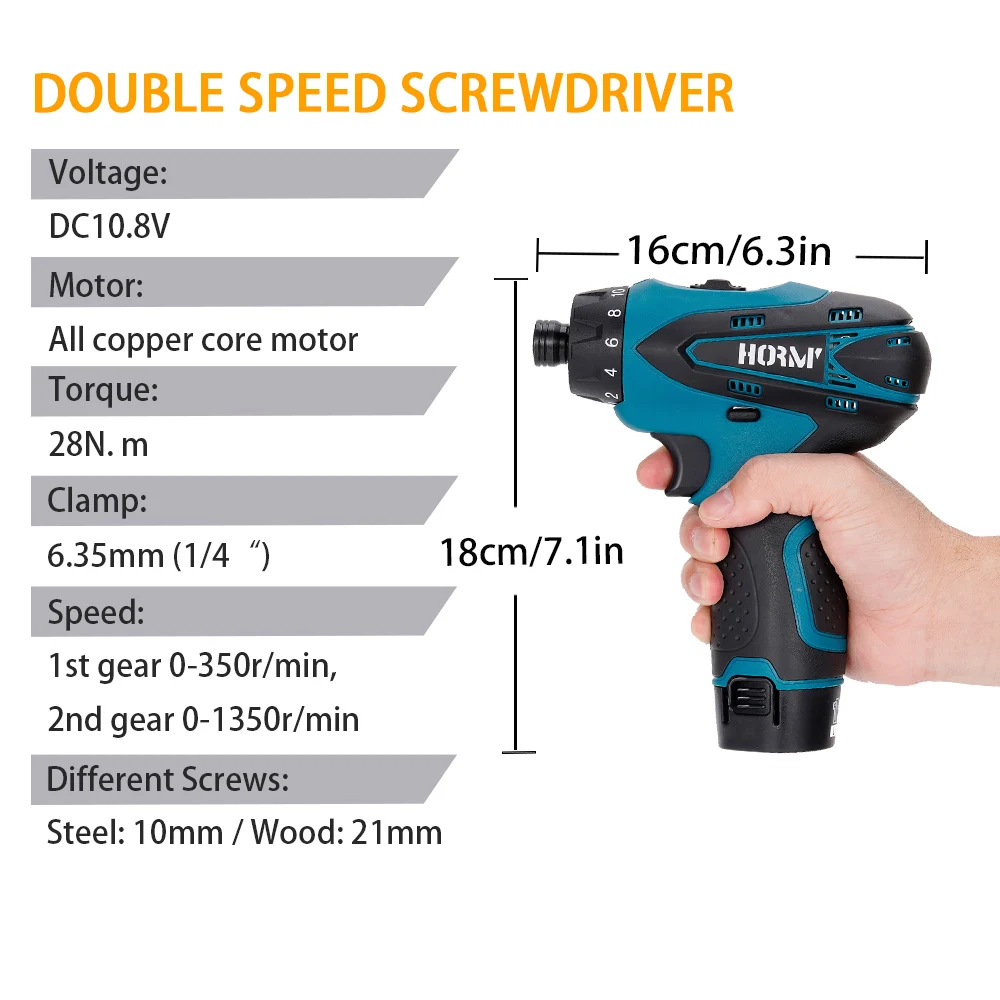 12V Cordless Electric Screwdriver 28N.m Dual Speed Electric Drill Driver 1/4\