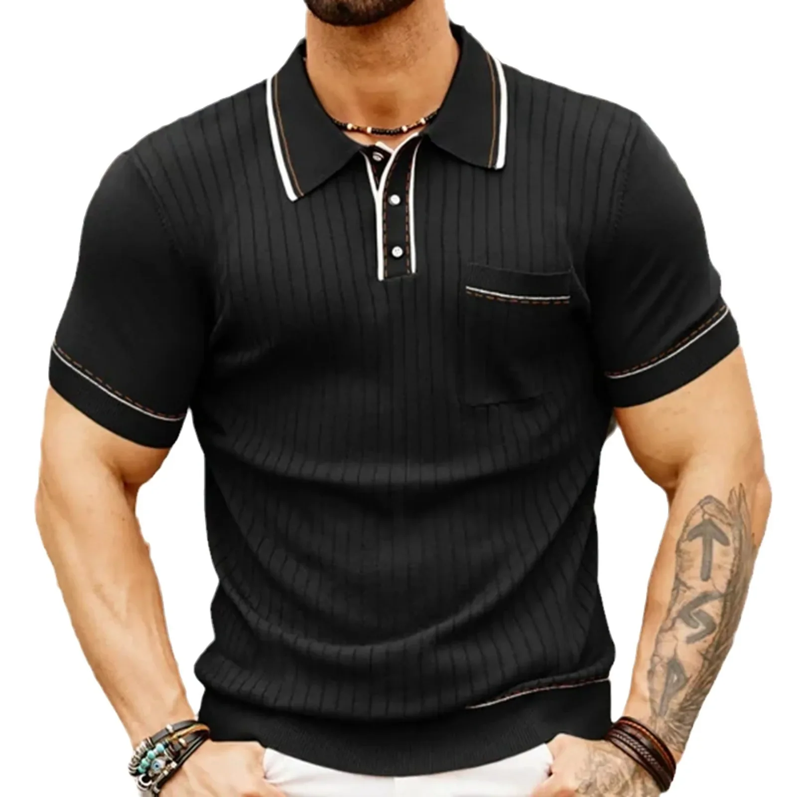 LIBIELIY Europe And The United States Men's 2024 Summer New Knitwear Fashion Lapel Short-sleeved Business Casual Polo Shirt Men