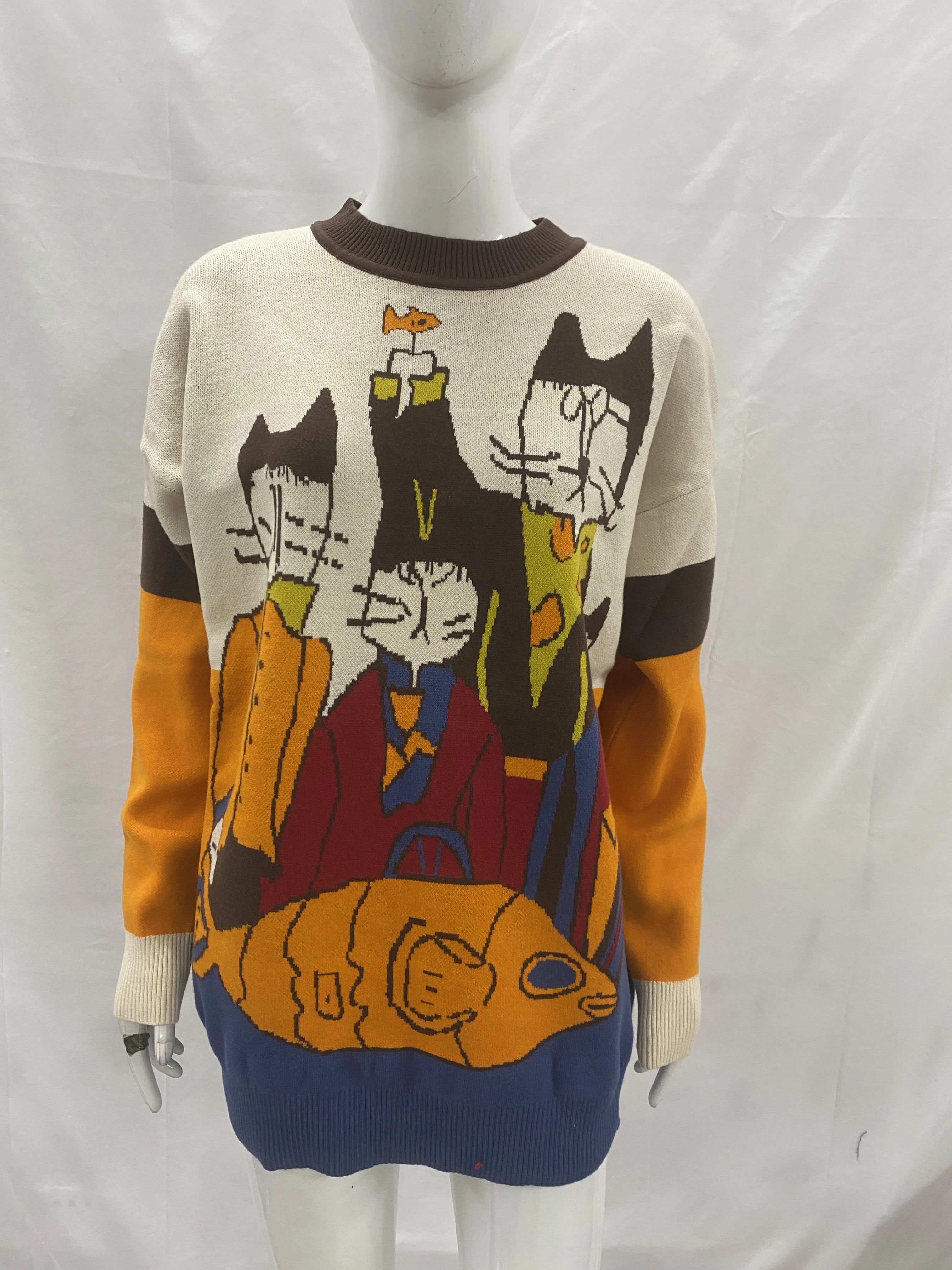 

Loose and slimming knit sweater with round neck and shoulder drop design, autumn top in contrasting colors, suitable for both me