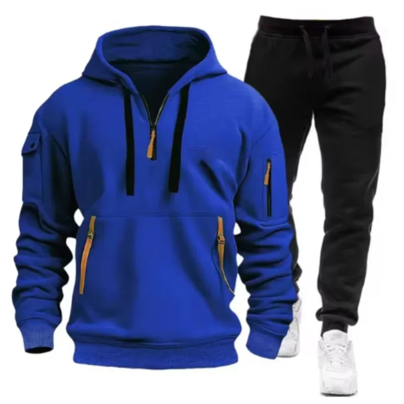 2024 Otoño/Invierno nueva moda para hombres Casual Multi bolsillo cremallera deportes Sudadera con capucha conjunto Color sólido cómodo conjunto de dos piezas