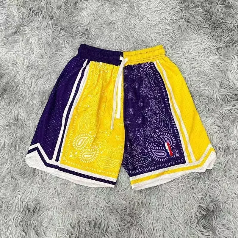 Shorts retrô bordados de rua para homens, dupla camada esportiva, absorvente de suor, confortável, calça de basquete 4 quartos