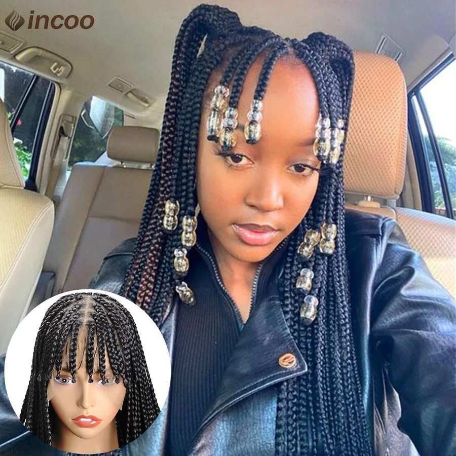 Parrucche intrecciate in pizzo pieno con frangia trecce Jumbo sintetiche parrucca Locs scatola senza nodi parrucca in pizzo intrecciato Cornrows intrecciare i capelli per le donne