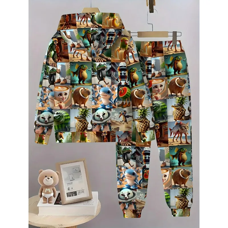 2025 طقم هوديي رياضي مطبوع عليه حيوانات ثلاثية الأبعاد وسراويل كاجوال مناسبة للأنشطة الخارجية