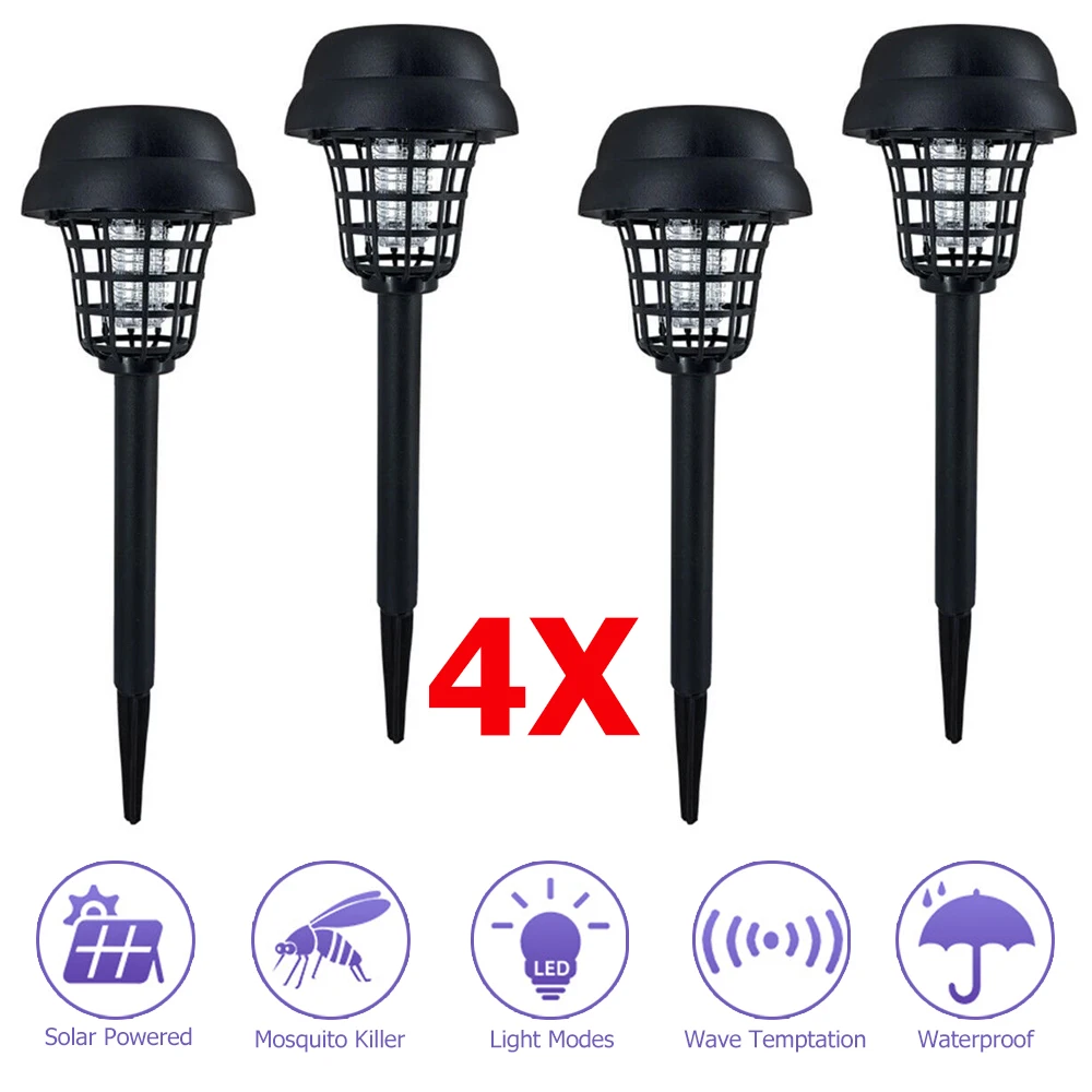 4pcs Solar Bug Zapper Waterproof Mosquito Killer With 2 Light Modes Safety Net Mosquito Repellent Lamp Toggle Switch for Lawn