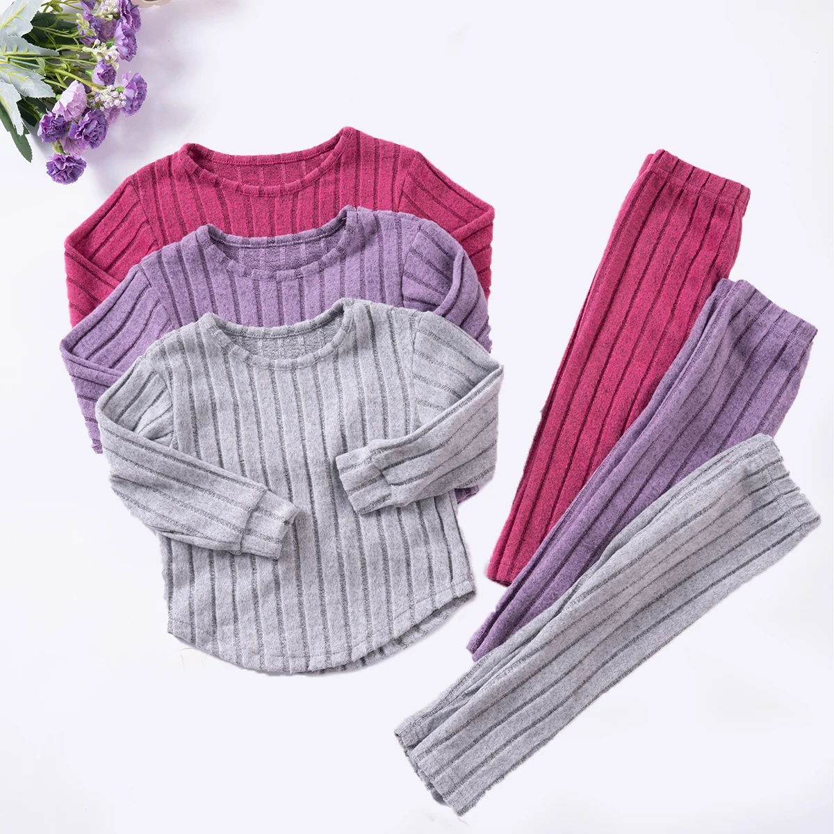 Spring/Autumn 2pcs Girls\' Suit Vertical Stripe Casual Children\'s Clothing Fashion Knit Long Sleeve Top+Long Pants Skin-friendly