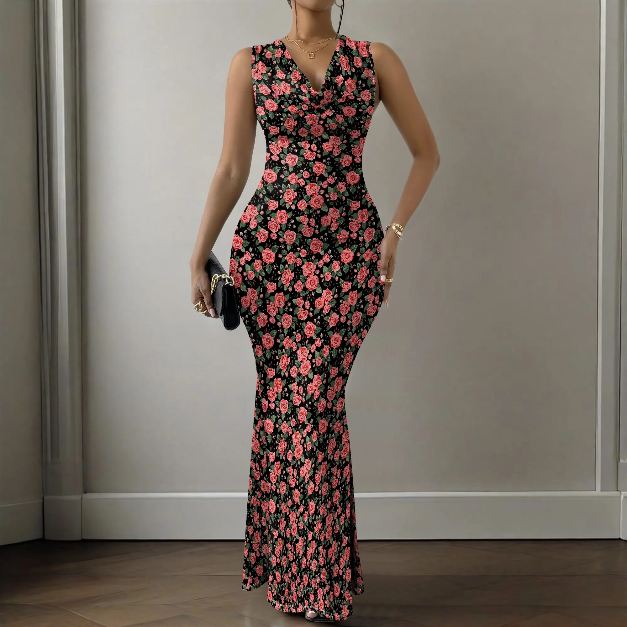 

Women's Sexy Bodycon Maxi Dress Sleeveless Rose Floral Print Deep V Slim Fit Evening Dress
