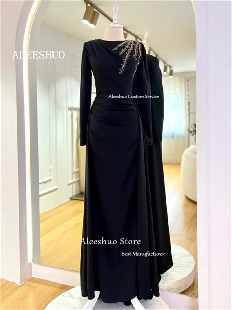 Bescheidene Dubai Arabisch Lange Ärmel O-Ausschnitt Abendkleider Frauen Abnehmbare Schleppe Perlen Abendkleid Formelles Anlasskleid Maßgeschneidert