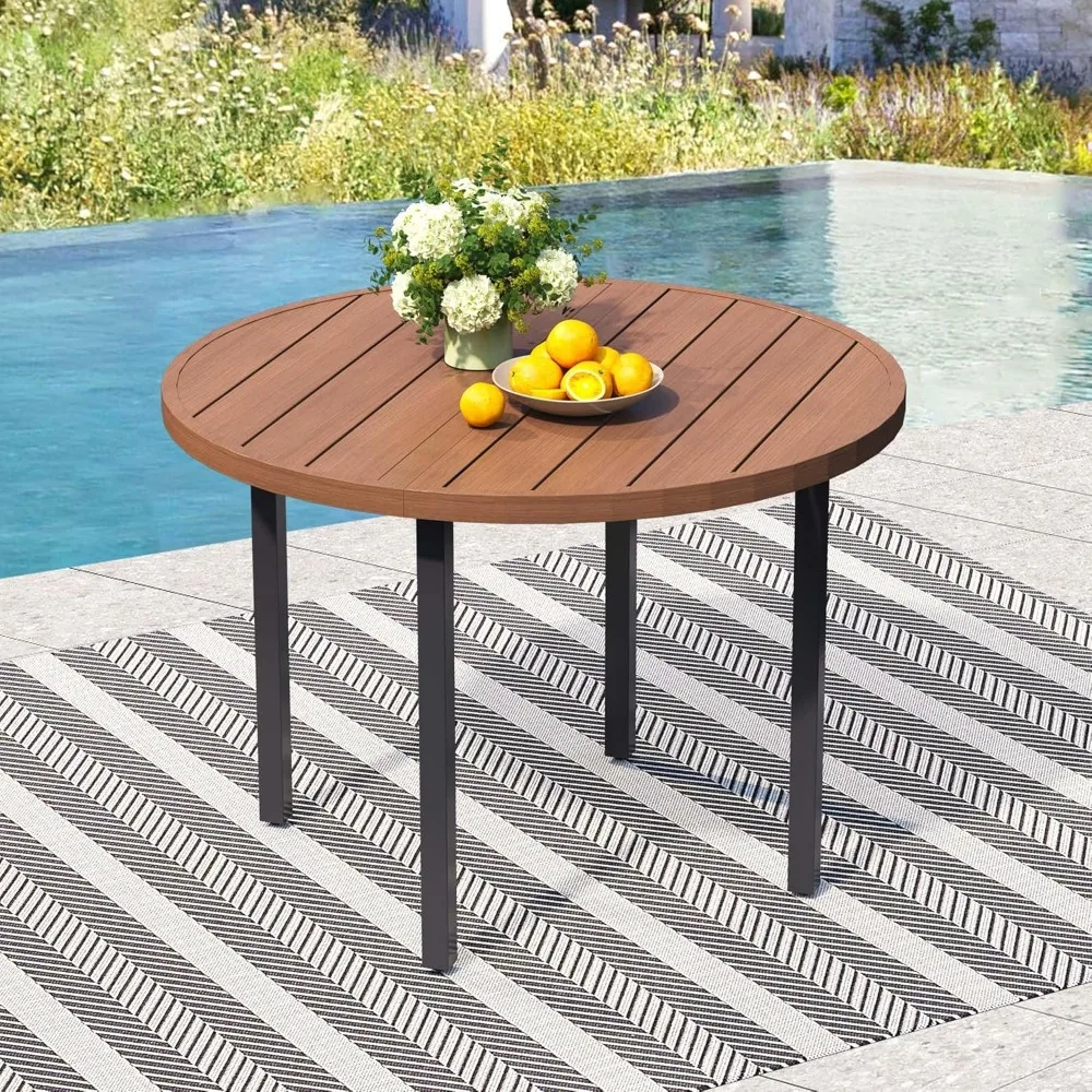 

All-Weather 42" Round Outdoor Patio Table for 4, Metal Walnut Dining Table with Adjustable Umbrella Hole, Garden, Backyard & Dec