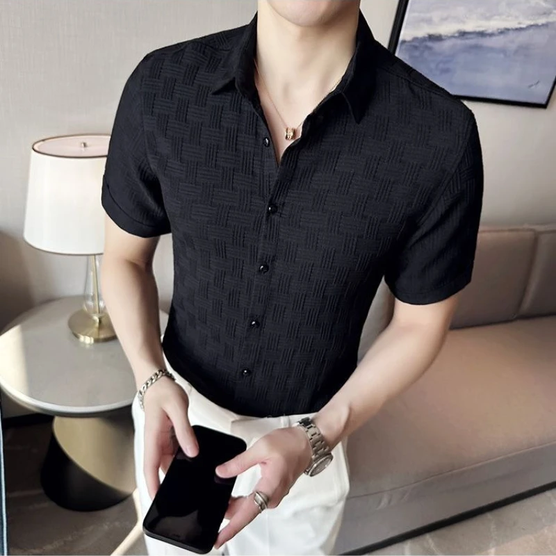 

Men's Elastic Plaid Pattern Short Sleeve Shirt Light Luxury Edgy Stylish Body Hugging Fit All match for Occasions and Parties