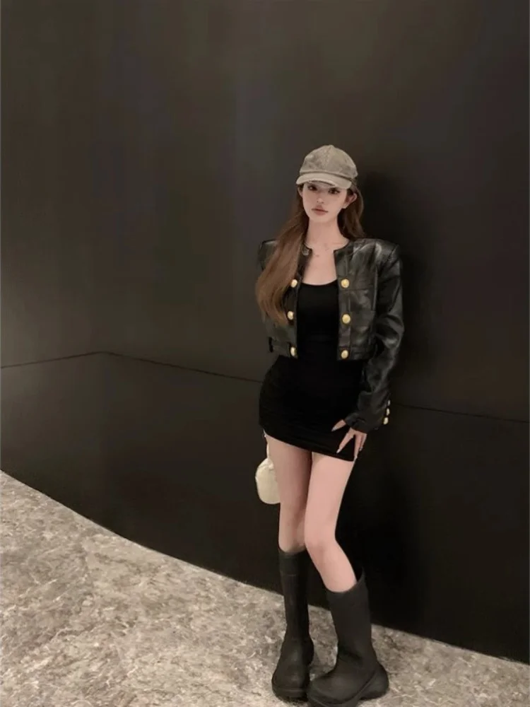 Ele ort Bla Leather Jaet Women's Loose Long Sve Top Casual Sle Autumn Cardigan Faionable Commute Wear