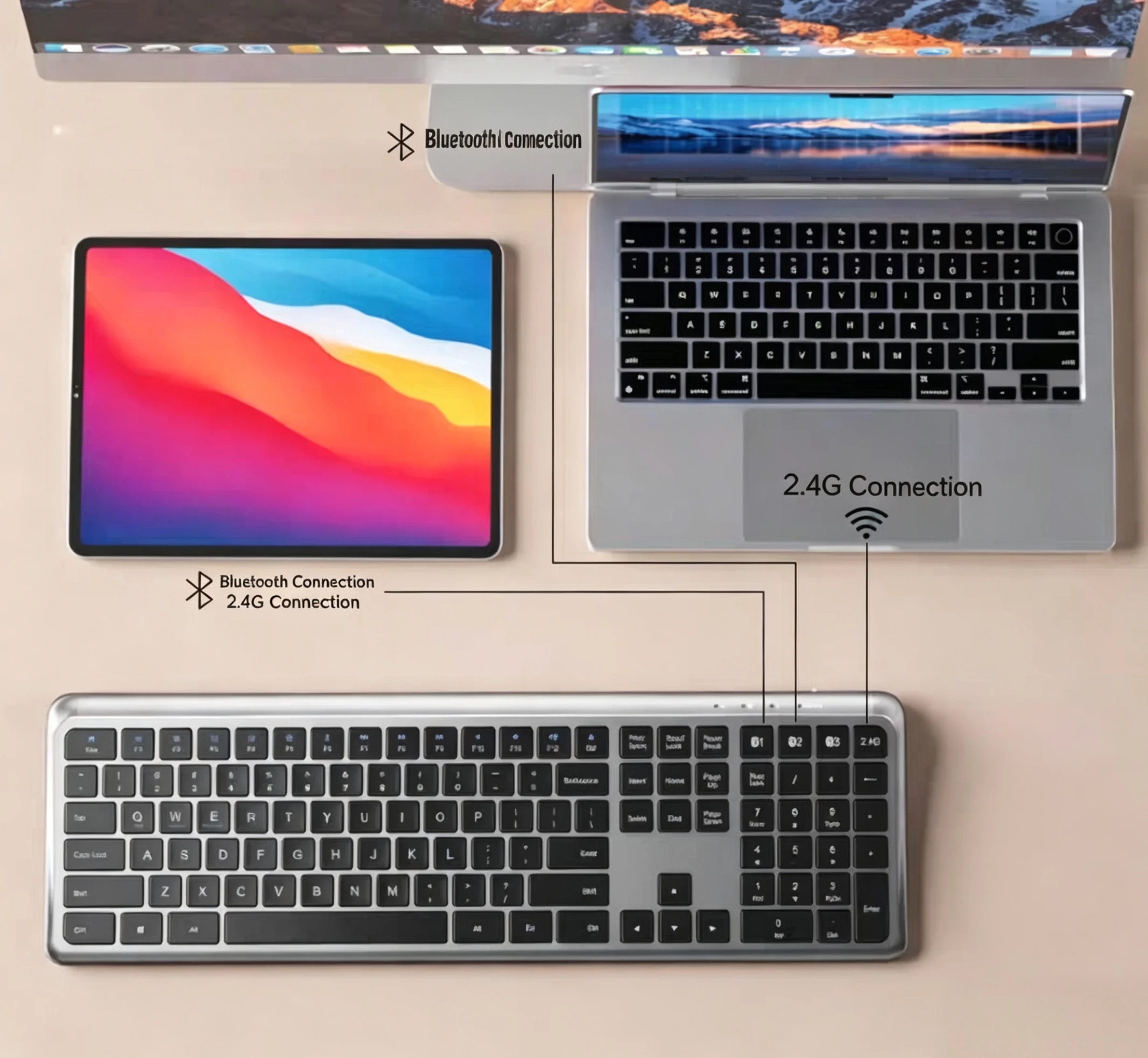 Dual Mode Full-Sized Ergonomic Wireless Keyboard Curved Design Rechargeable Bluetooth Keyboard with Numeric Keypad for Desktop