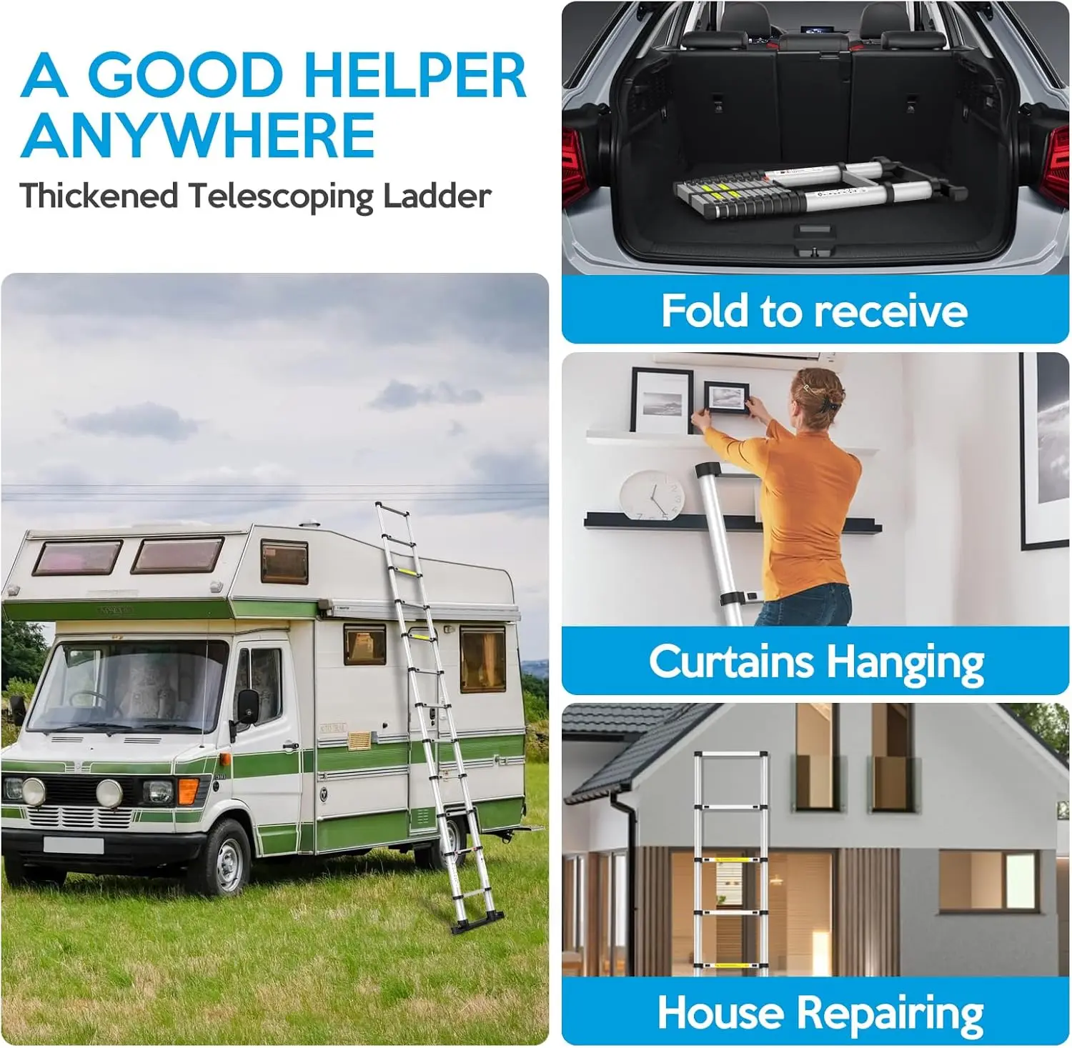 Ladder, Collapsible Ladder with Bottom Stabilizers, Slow Descent, and One-Key Retraction