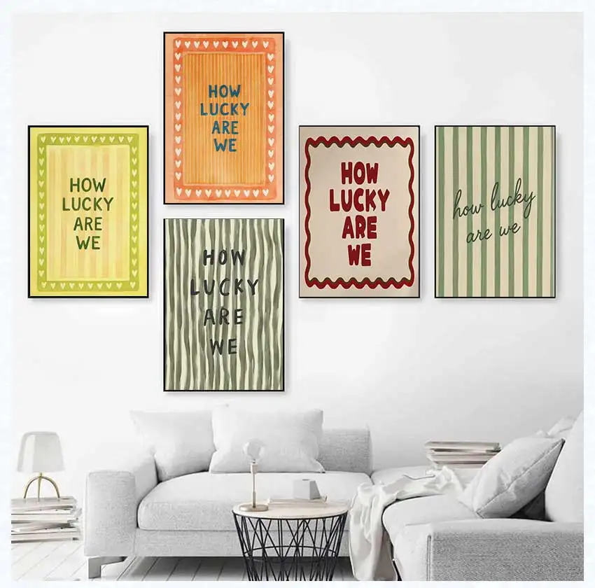 Póster impreso moderno con diseño de corazón y rayas, impresiones artísticas para dormitorio, sala de estar, decoración de pared del hogar, cita de "Cuánto de la suerte tenemos", lienzo sin marco