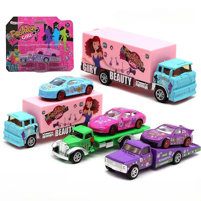 

1: 64 Alloy ramp truck trailer truck container truck girl series police car fire model toy car ﻿