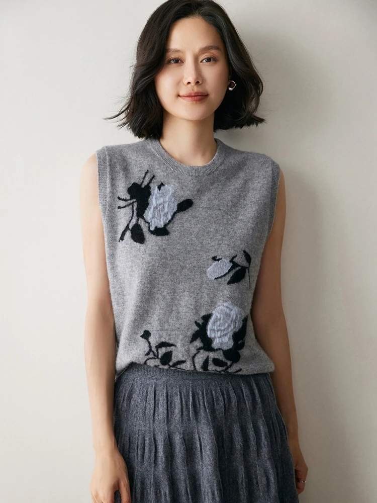 

O-neck Jacquard 100% Cashmere Pullover Vest Women's Autumn Winter New Loose Sleeveless Knit Waistcoat Retro Soft Comfort Elegant