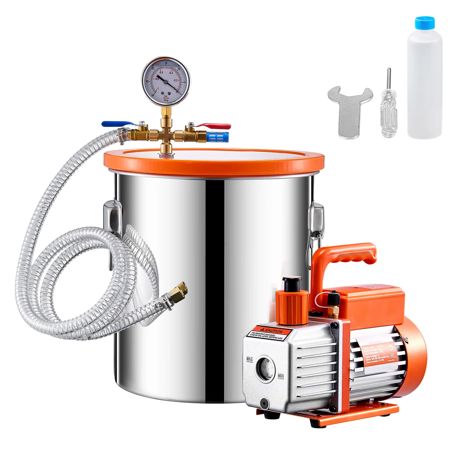5 Gallon Vacuum Chamber and 3.5 CFM Pump Kit, 4.92 ft Hose, Stainless Steel Chamber, Single Stage Vacuum Pump Degassing Chamber Kit, Oil, Featuring Acrylic Lid