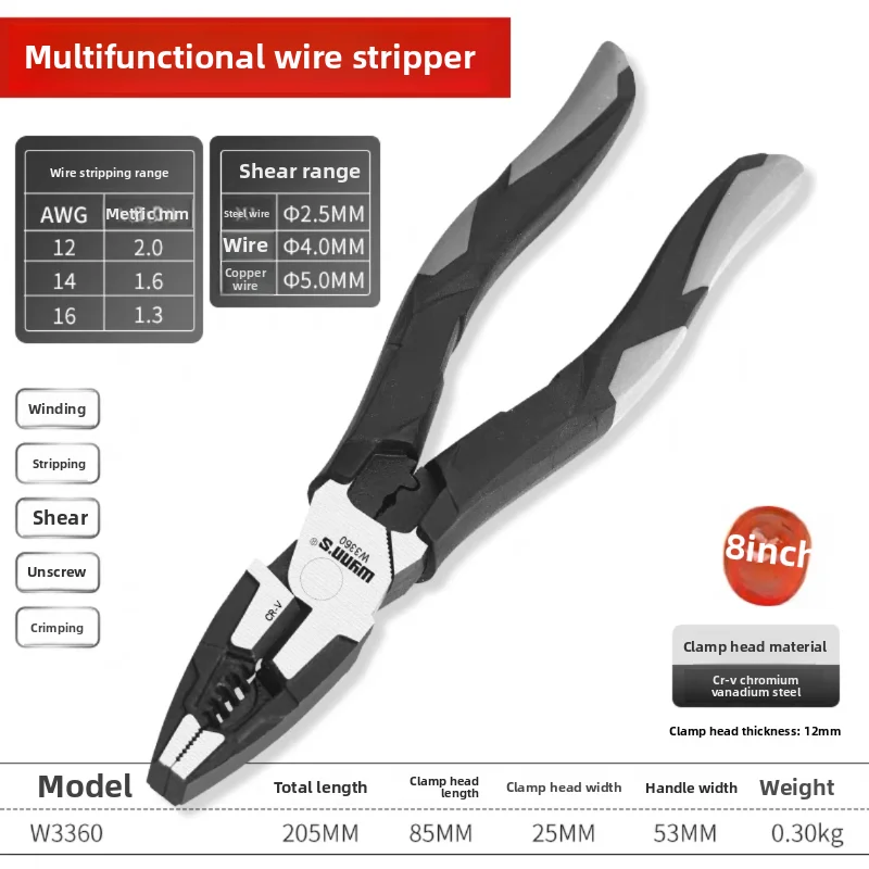 9-Inch Electrician Special Multifunctional Pliers with Stripping Crimping and Cable Cutting for Professional Electrical Use
