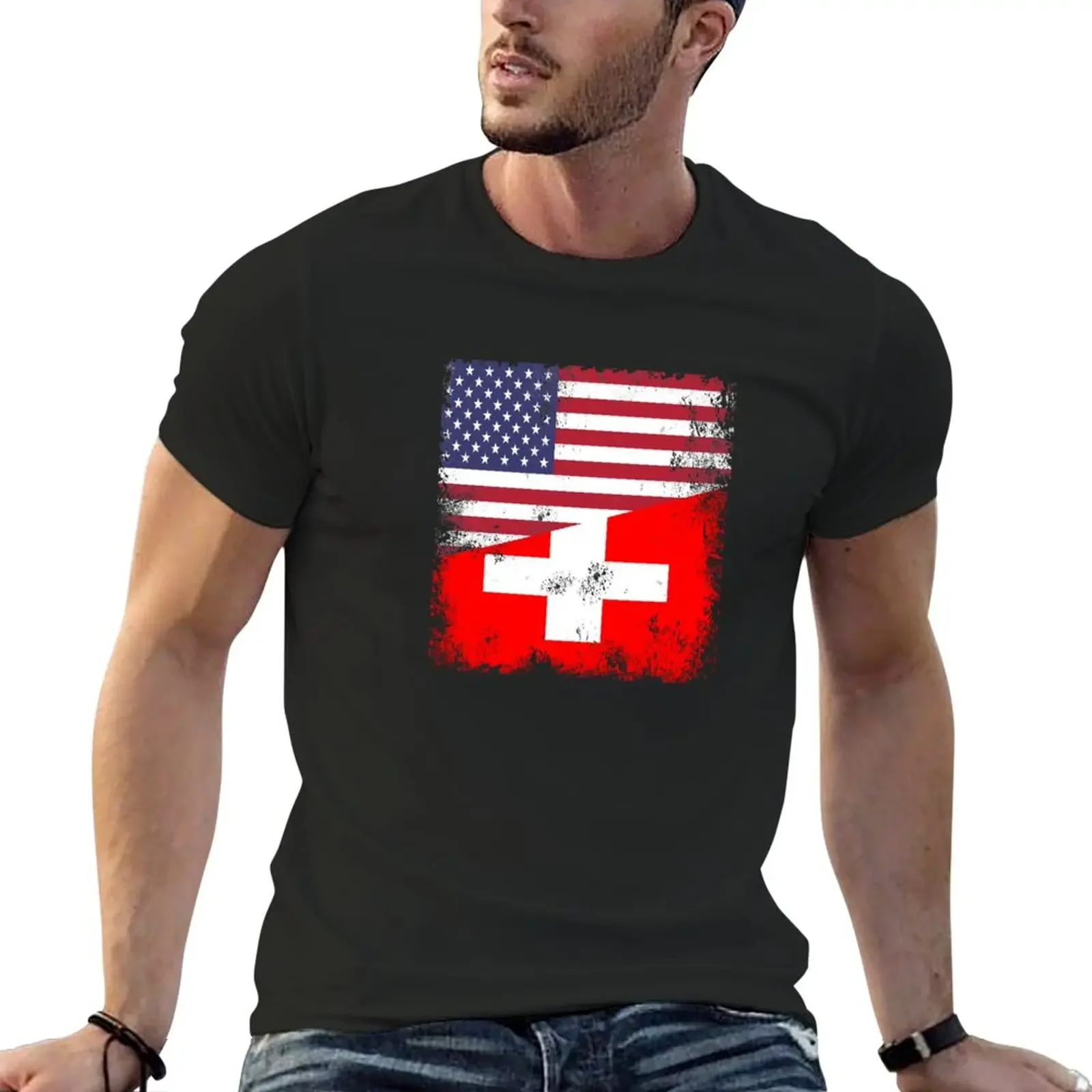 Half Swiss Flag Design | Vintage Switzerland USA Gift T-Shirt sweat shirts sweat shirt plus size tops quick-drying men clothing