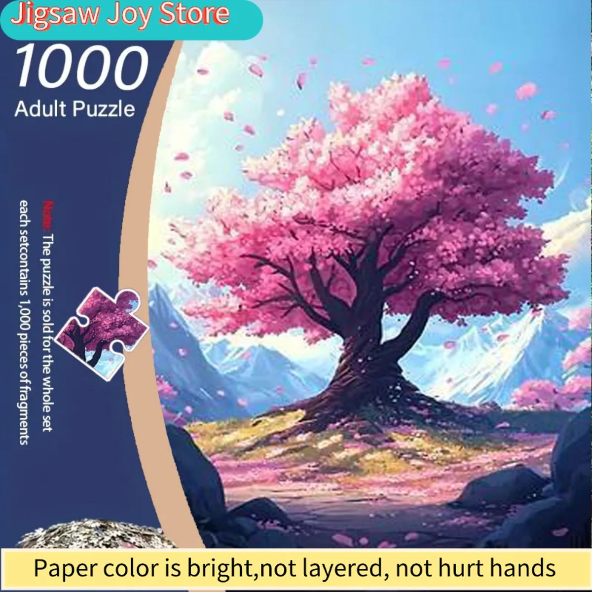 1000pcs Cherry Blossom Jigsaw Puzzle for Adults - Large-Scale Cliffside Tree with Falling Petals, Blue Sky & Mountain Landscap