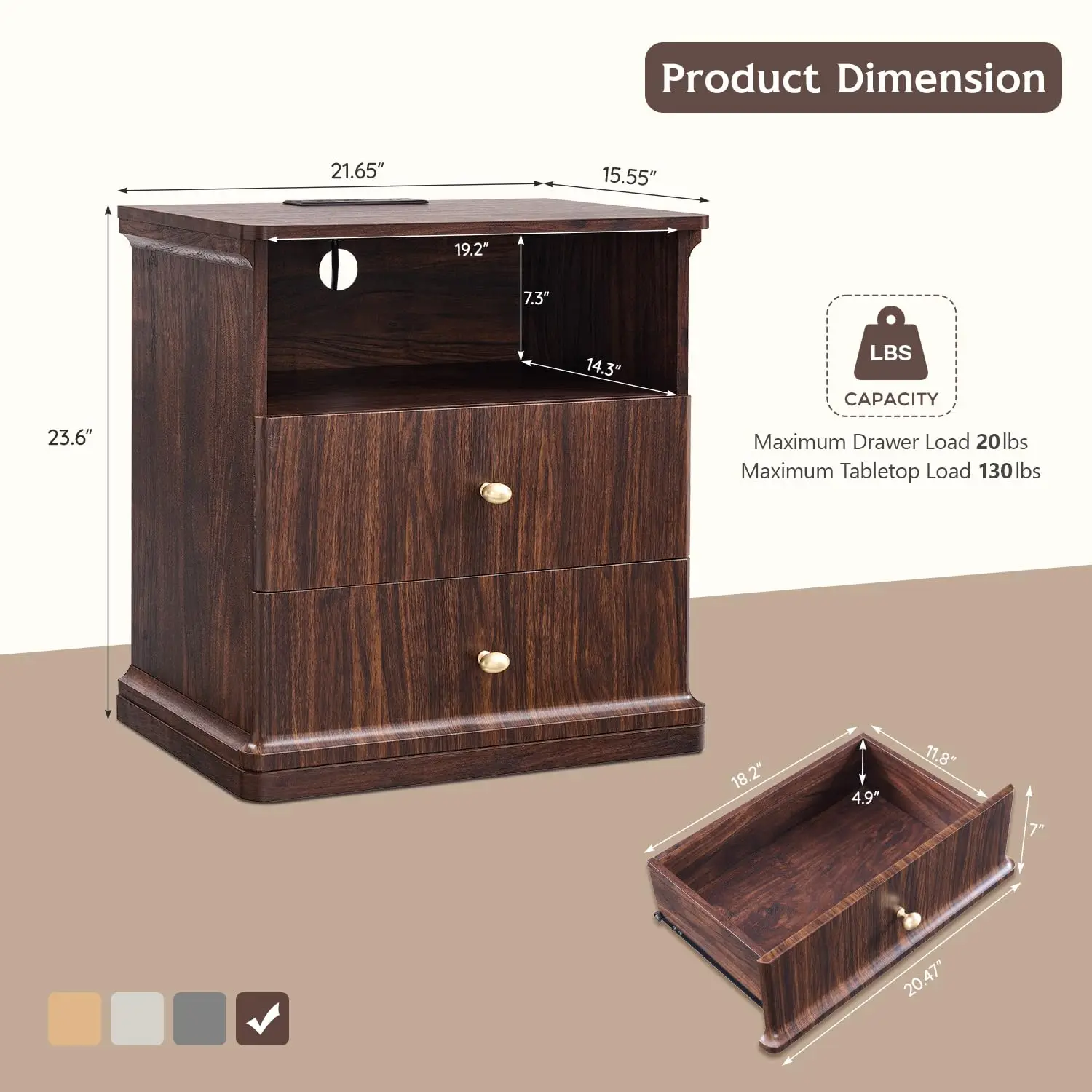 Modern Nightstand w/Charging Station & 2 Drawers, Wooden Bedside Table w/Open Shelf, Waterfall Edge, Metal Handle, Mid Century B