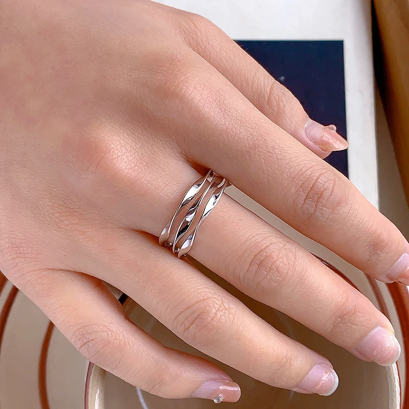 Fashionable and Personalized S925 Silver Opening Thousand-layer Wavy Women's Rings Light and Luxurious Versatile