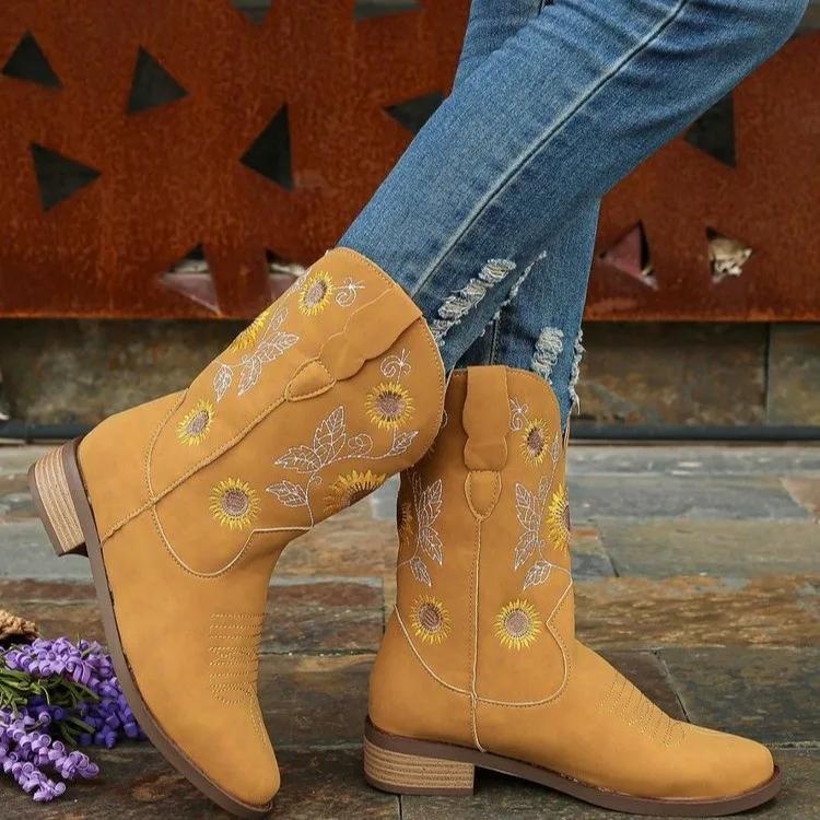 New Women Coffee Brown Embroidery Boots PU Leather Printed Western Cowboy Boots Deep V-mouth High Tube Casual Boots Classic