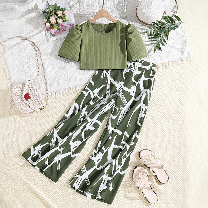 

Teen Kids Suits for Girl Green Puff Sleeve Top + Printed Pants 2PCS Vacation Stylish Elegant Birthday Party Casual Set 8-12Years