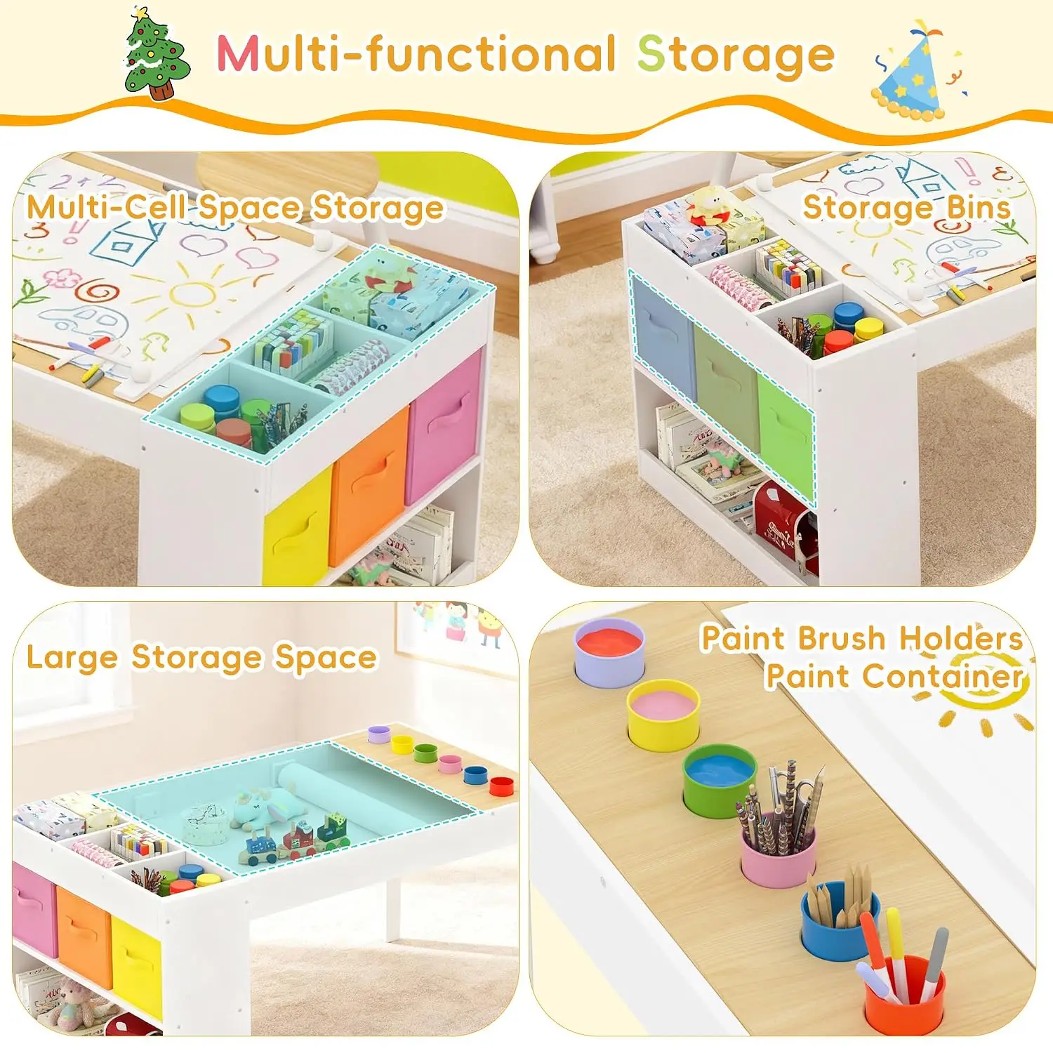 Kids Art Table Chair Set with Storage Bins Paper Roll for Drawing Learning, Toddler Desk Home 39x23", Customized image 3