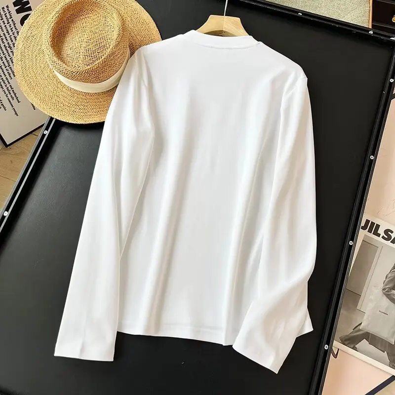 

Maxdutti Round Neck Cotton Casual Tshirts Nordic Minimalist Solid Color Long Sleeved T-shirt Women