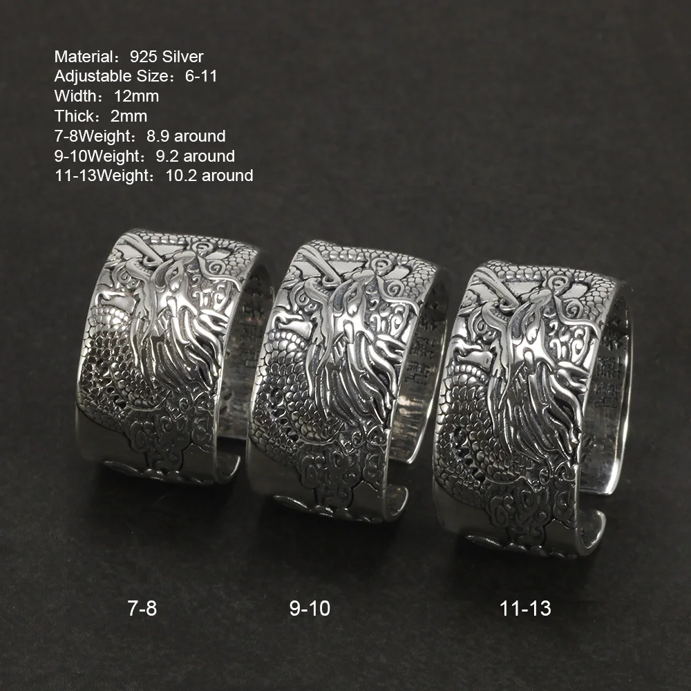 Real 925 Pure Silver Mens Biker Rings With Flying Dragon Vintage Punk Style Buddhism Heart Sutra Engraved Animal Jewelry