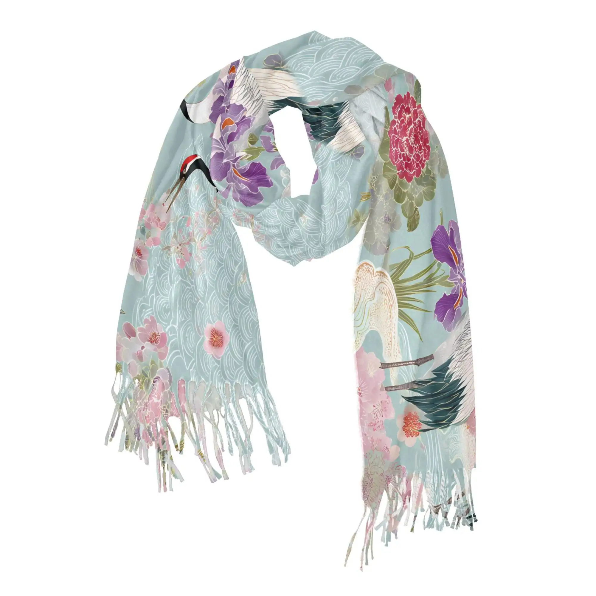 Print Womens Scarf Winter Soft Long Big Warm Shawls Wrap Tassel Scarves, Green Floral Cranes Pattern